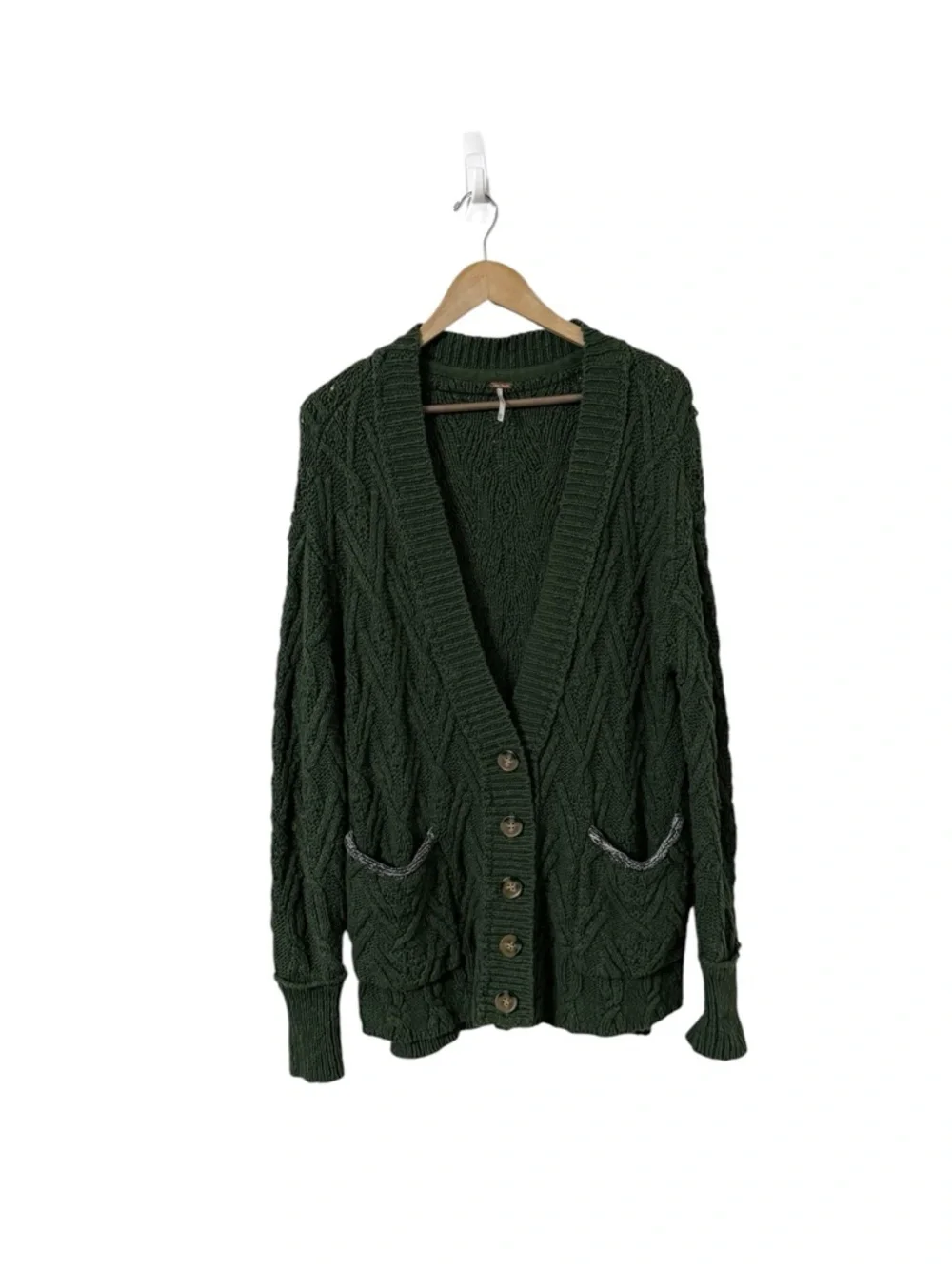 FREE PEOPLE Montana Green Cable Knit Button Up Cardigan Sweater